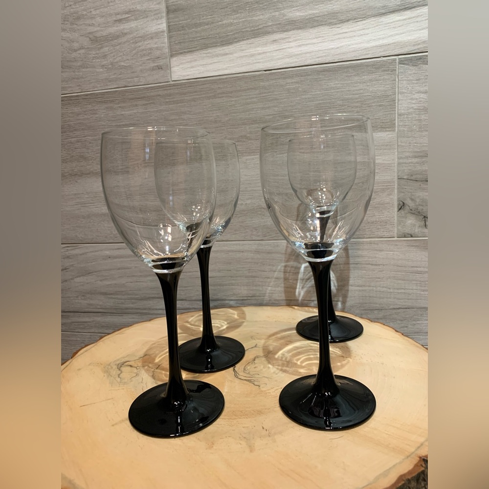 4 Luminarc VINTAGE Black Stem Wine Glasses made in France